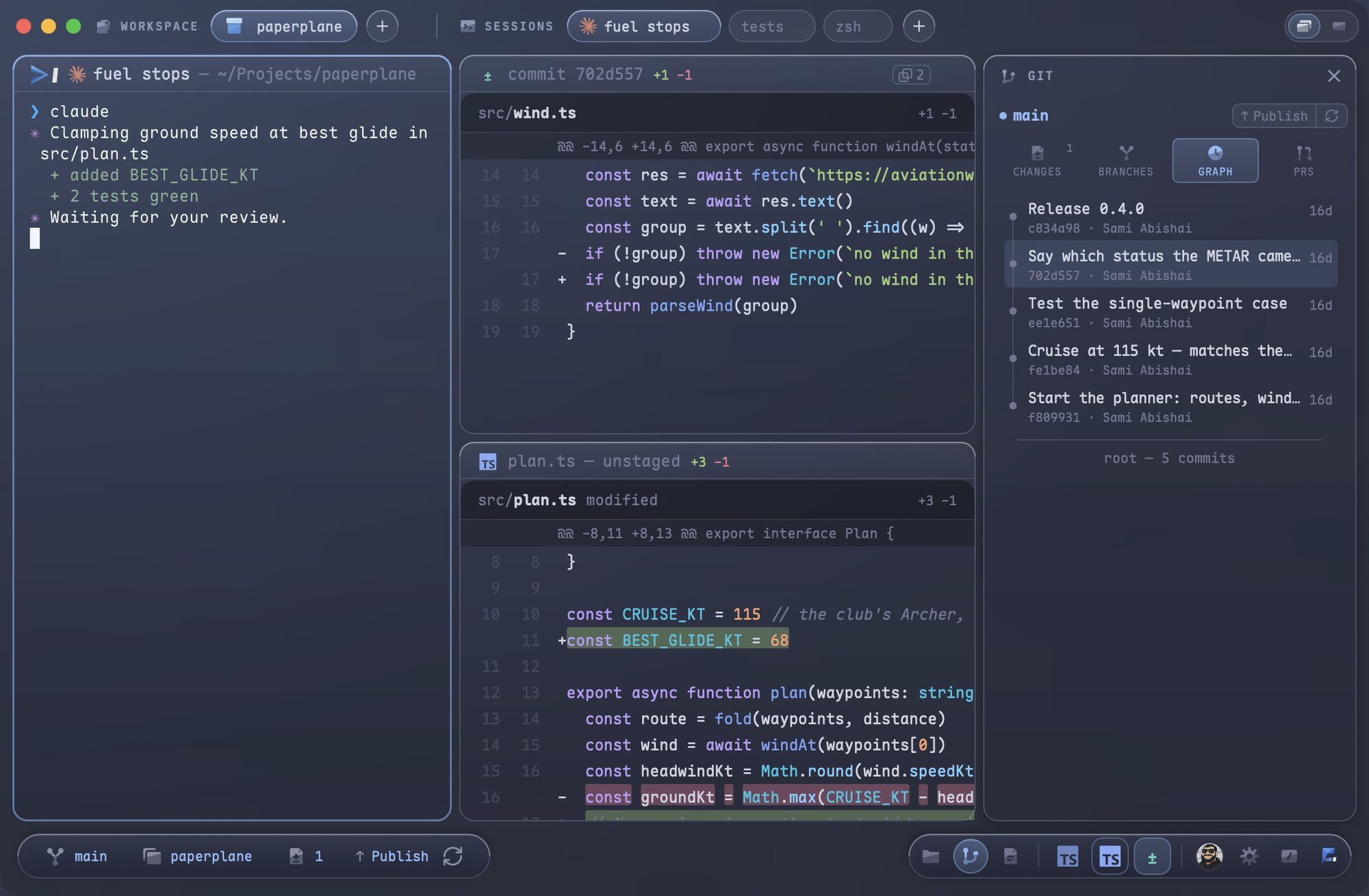 The Git tool pane beside the terminal showing the commit graph, with a commit diff open as a pane