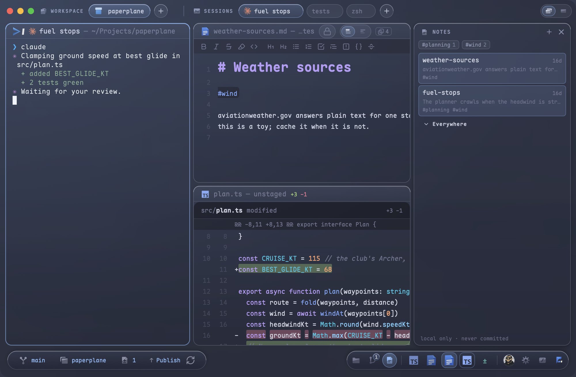 A tagged note open as a pane beside the terminal, rendered as you type